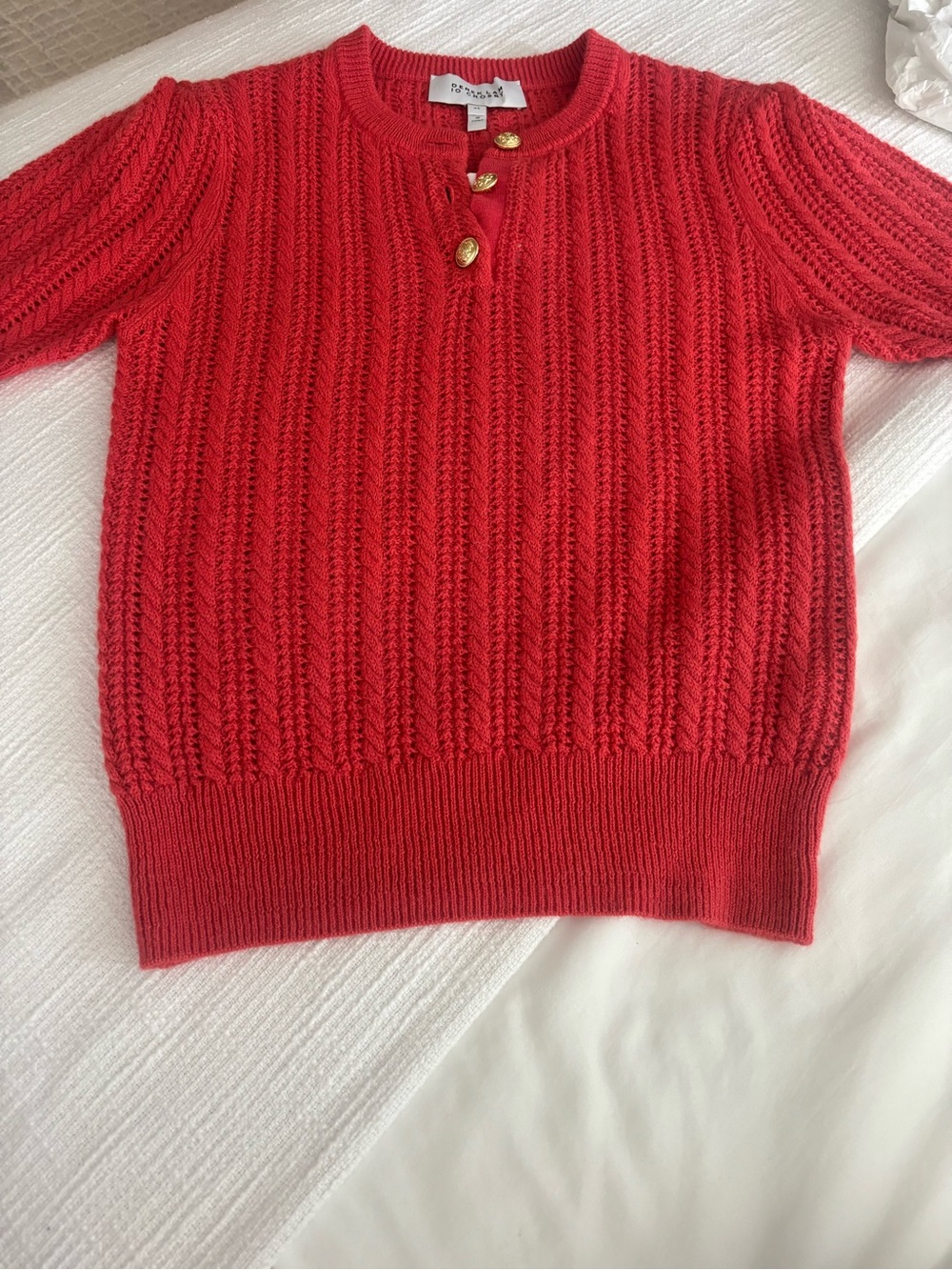 Derek Lam Red Cable Knit Short-Sleeve Sweater with Gold Buttons